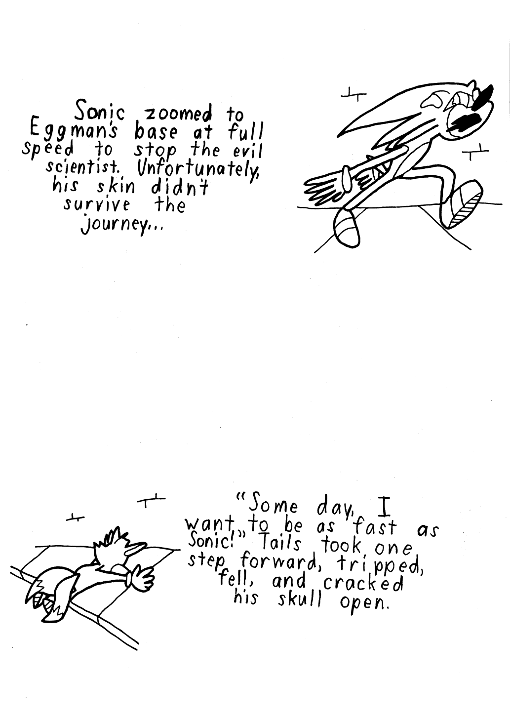 Story 3: Sonic zoomed into Eggman's base at full speed to stop the evil scientist. Unfortunately, his skin didn't survive the journey... Story 4: Tails said, Some day, I wanna be as fast as Sonic! He then took one step forward, tripped, fell, and cracked his skull open.